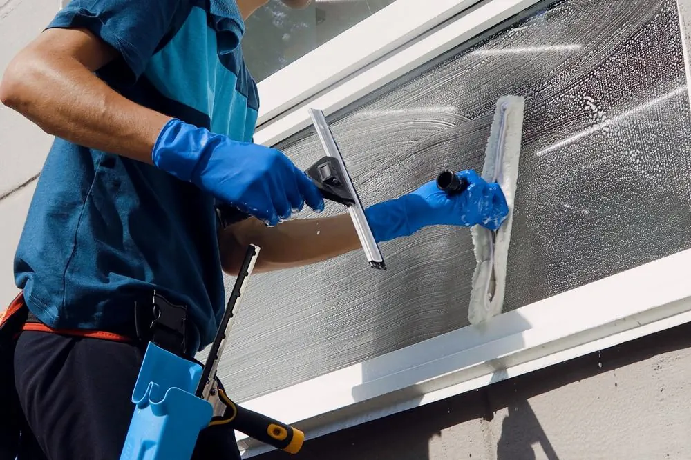 Professionelle Reinigungskraft putzt Fenster